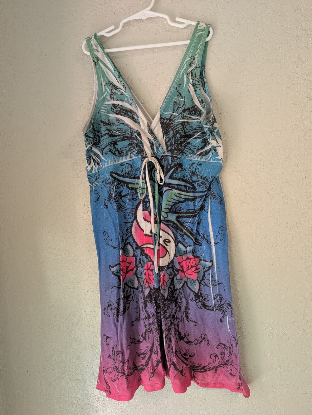 Y2K Grafitti Tank Dress XL Pink Purple Mini Heart Bird Grunge 2000s Skater Rave